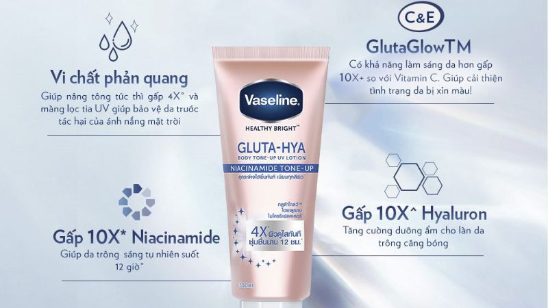 Sữa dưỡng thể Vaseline Healthy Bright Gluta-Hya Body Tone-Up UV Lotion nâng tông tức thì