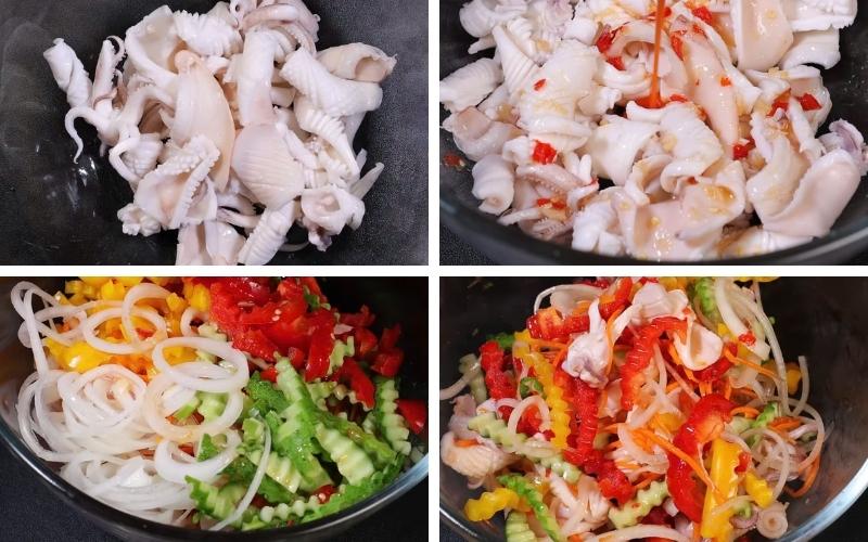 Trộn mực và rau củ với nước mắm, ướp lạnh để gia vị thấm đều Trộn mực và rau củ với nước mắm, ướp lạnh để gia vị thấm đều