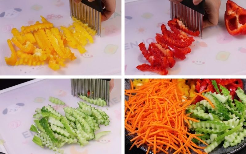 Rau củ thái sợi và ngâm lạnh để giảm vị hăng và giữ độ giòn Rau củ thái sợi và ngâm lạnh để giảm vị hăng và giữ độ giòn