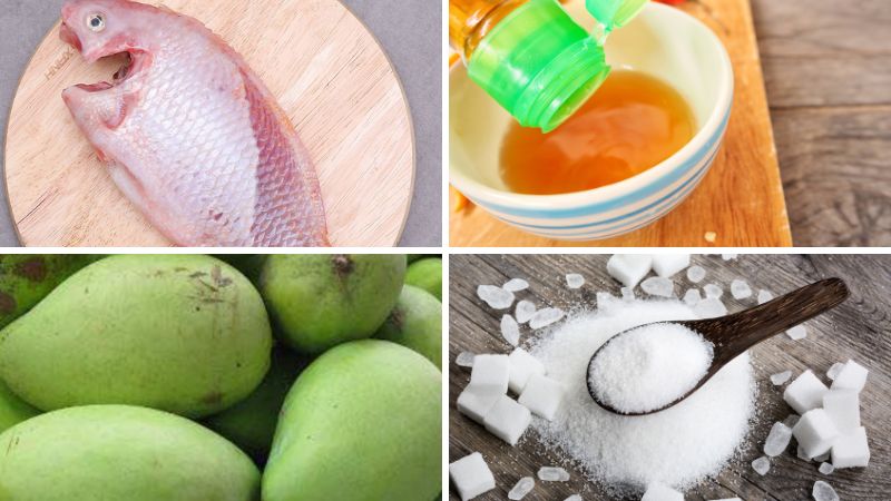 Nguyên liệu làm món cá diêu hồng chiên xoài bằm mắm chua ngọt