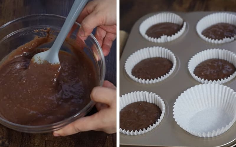 Đầu bếp trộn bột đều, chia khuôn chính xác, gọn gàng.