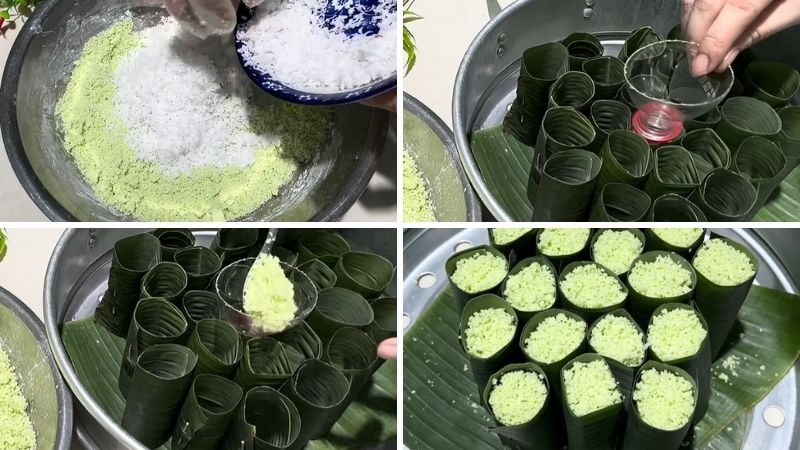 Bước 3: Trộn xác dừa và đổ bột vào ống lá chuối