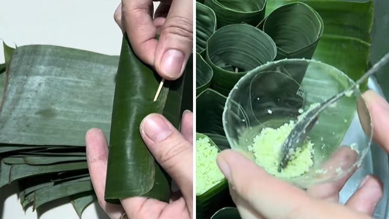 Bước 1: Sơ chế lá chuối và làm phễu rót bột