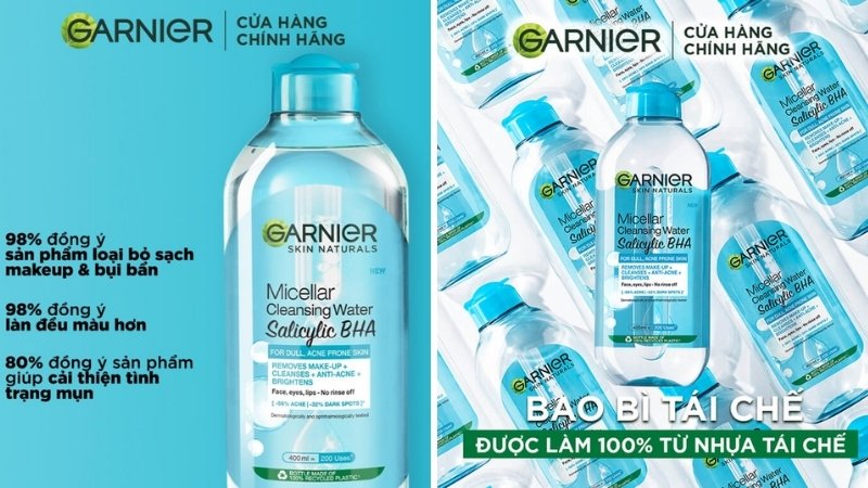 Nước tẩy trang Garnier Skin Naturals Micellar Cleansing Water Salicylic BHA