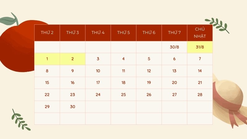 Lịch nghỉ lễ 2/9 với người lao động có chế độ nghỉ 1 ngày/tuần