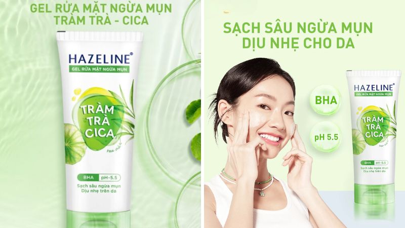 Sữa rửa mặt Hazeline tràm trà Cica ngừa mụn