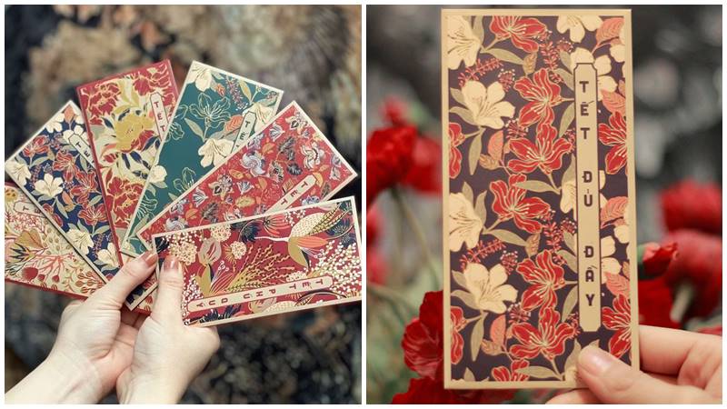 Đón Tết với bao lì xì đầy màu sắc hoa lá.