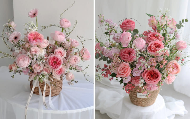 Giỏ hoa mang sắc hồng đặc trưng