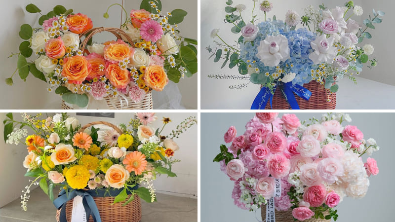 Giỏ hoa màu sắc dịu nhẹ nhưng vẫn nổi bật
