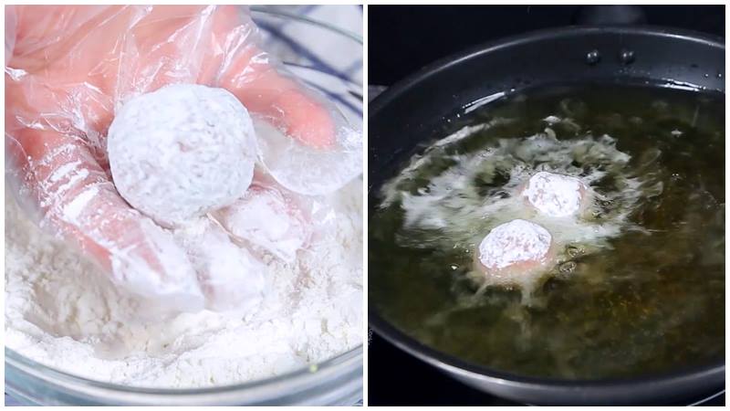 Chiên thịt bọc nấm rơm