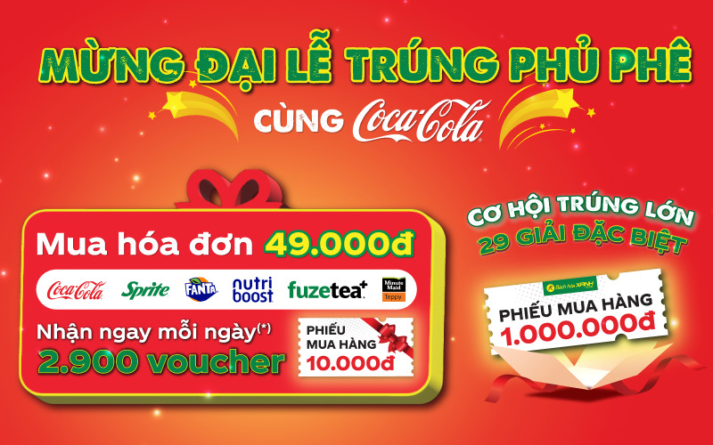 Mua 49.000đ COCACOLA/FANTA/SPRITE/FUZE/NUTRIBOOST/TEPPY trúng PMH