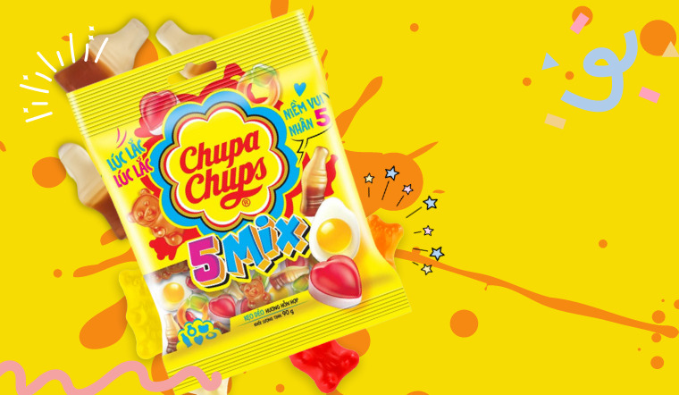 X5 niềm vui với kẹo dẻo hương hỗn hợp Chupa Chups 5 Mix