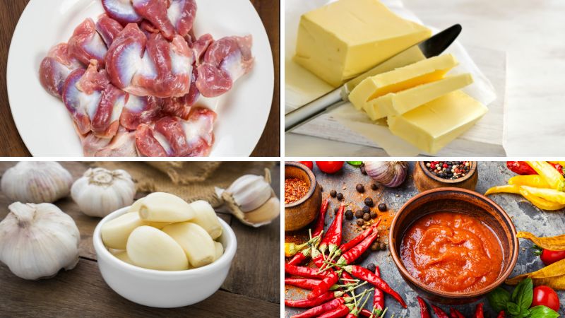 Nguyên liệu làm món mề gà xào bơ tỏi