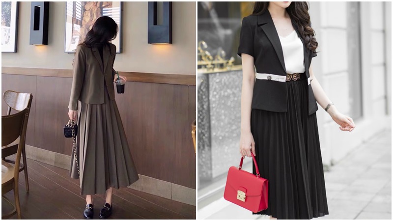 Áo vest lụa và váy midi xếp ly Áo vest lụa và váy midi xếp ly