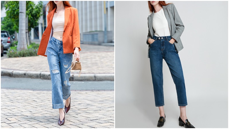 Áo vest lụa và quần jeans ống đứng Áo vest lụa và quần jeans ống đứng