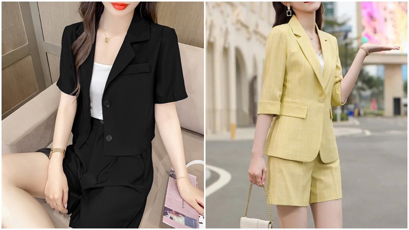 Áo vest lụa và quần short cạp cao Áo vest lụa và quần short cạp cao