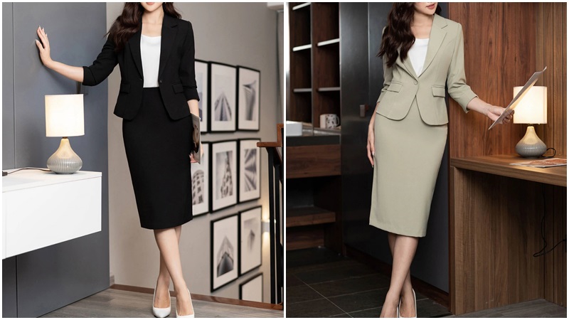 Áo vest lụa và váy bút chì Áo vest lụa và váy bút chì