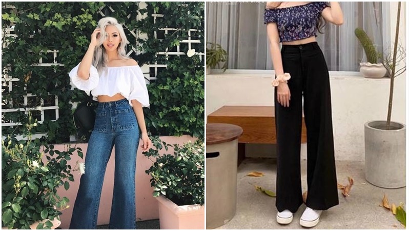 Áo trễ vai mix cùng quần ống loe