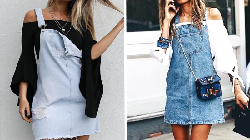Áo trễ vai mix với quần yếm bò