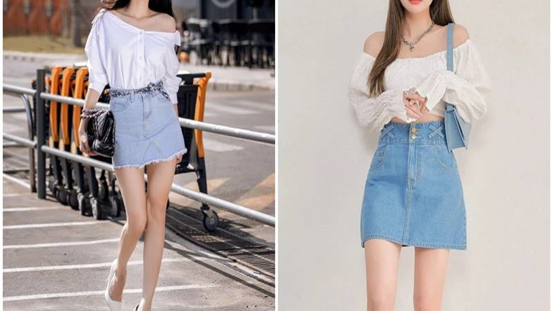 Áo trễ vai mặc cùng chân váy chữ A