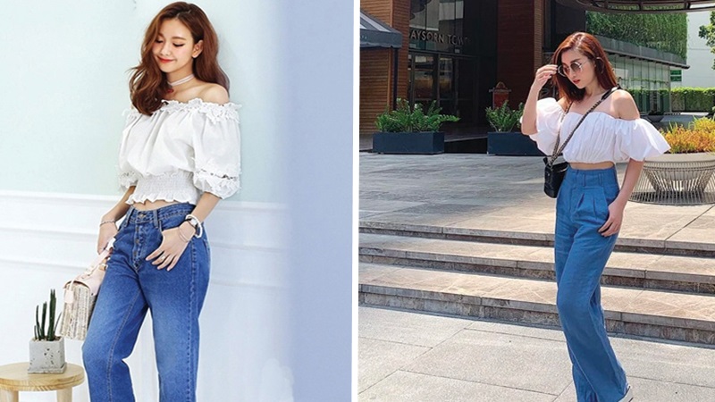 Áo trễ vai mix quần jean trắng