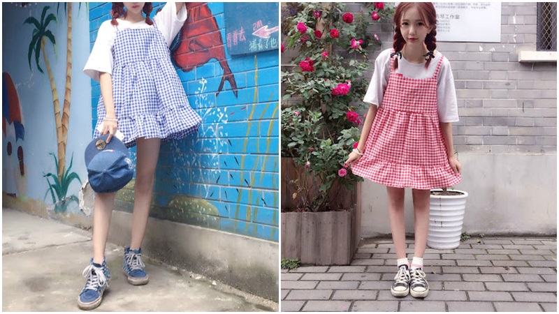 Đầm caro 2 dây + giày thể thao