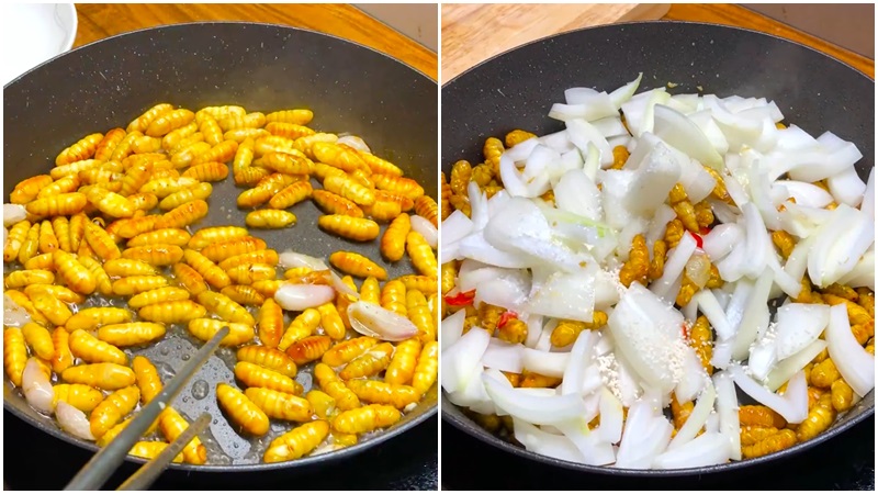 Xào nhộng với hành tây