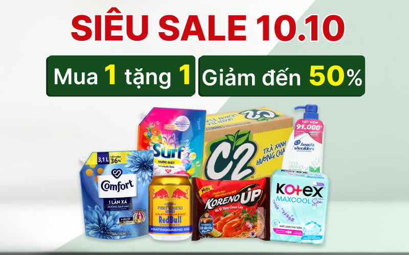Siêu Sale 10.10, ưu đãi giảm đến 50%, mua 1 tặng 1 tại Bách hóa XANH Siêu Sale 10.10, ưu đãi giảm đến 50%, mua 1 tặng 1 tại Bách hóa XANH