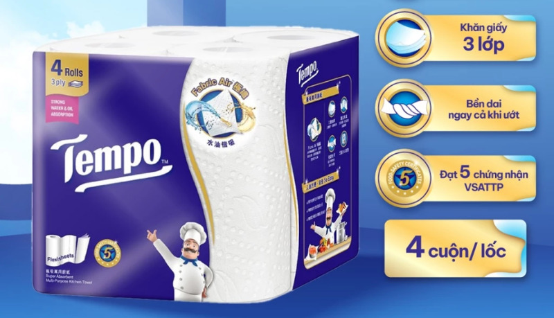 Khăn giấy bếp đa năng siêu thấm Tempo dạng cuộn 3 lớp dai mềm, siêu thấm Khăn giấy bếp đa năng siêu thấm Tempo dạng cuộn 3 lớp dai mềm, siêu thấm