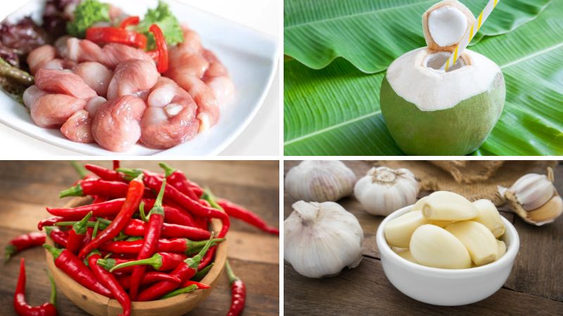 Nguyên liệu làm món bao tử cá basa khìa nước dừa