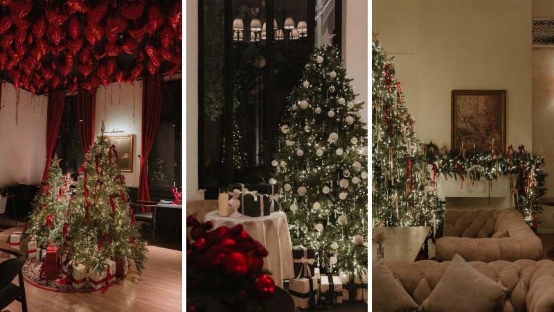 Những cây thông Noel cao vút, được trang trí lấp lánh cùng những quả châu đủ màu sắc