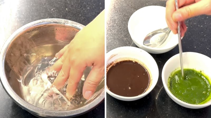 Ngâm gelatin và pha bột trà xanh, cacao