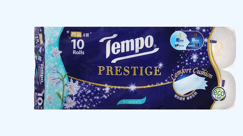 Giấy vệ sinh Tempo Prestige hương hoa chuông xanh 4 lớp lốc 10 cuộn Giấy vệ sinh Tempo Prestige hương hoa chuông xanh 4 lớp lốc 10 cuộn