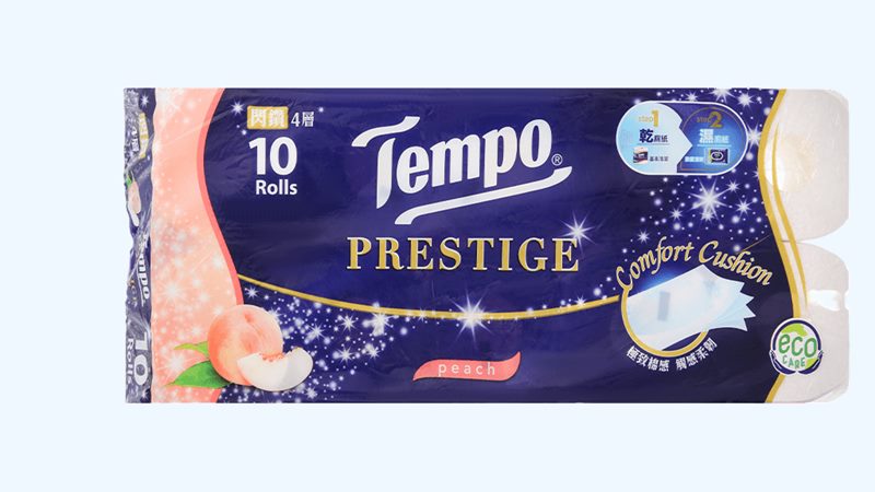 Giấy vệ sinh Tempo Prestige hương đào 4 lớp lốc 10 cuộn Giấy vệ sinh Tempo Prestige hương đào 4 lớp lốc 10 cuộn