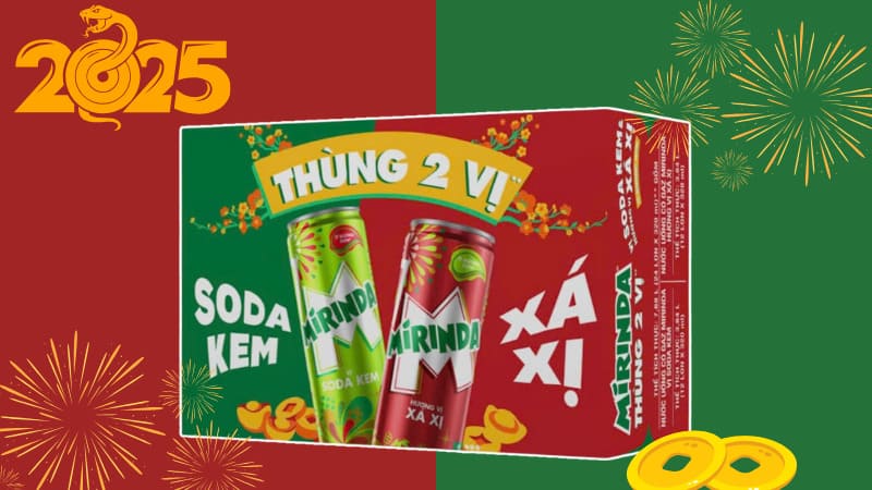 Bao bì của Mirinda Mix Tết 2025 nổi bật với hai tông màu xanh và đỏ