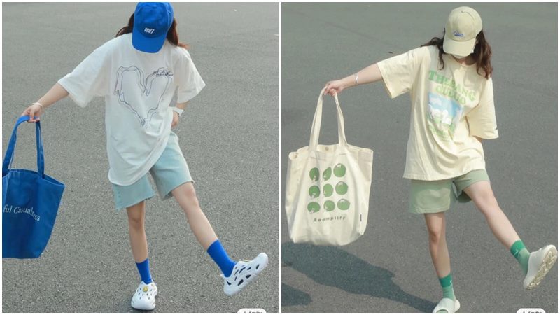 Áo sơ mi phối gile + quần ống thụng và túi tote canvas