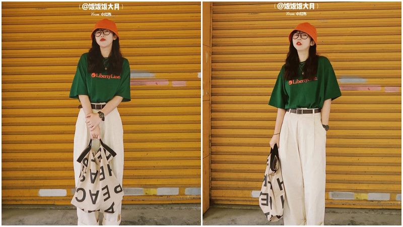 Phong cách vintage: Túi tote canvas + áo phông + quần baggy