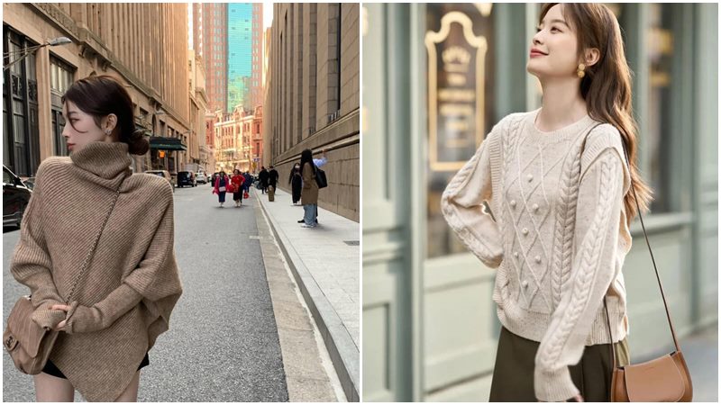 Áo len dáng rộng + Túi đeo chéo to bản