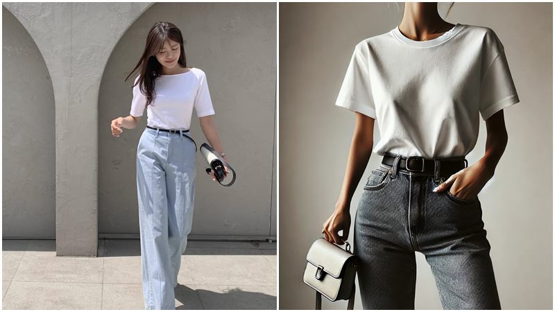 Áo thun trắng + Quần jeans cạp cao + Túi đeo chéo mini