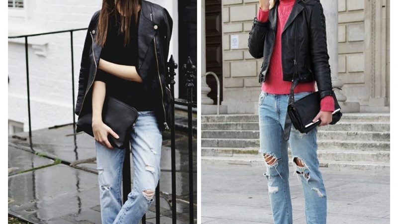 Áo khoác da + Quần jeans rách + Túi đeo chéo đính kim loại