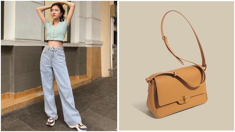 Áo croptop + Quần ống rộng + Túi đeo chéo ngang hông