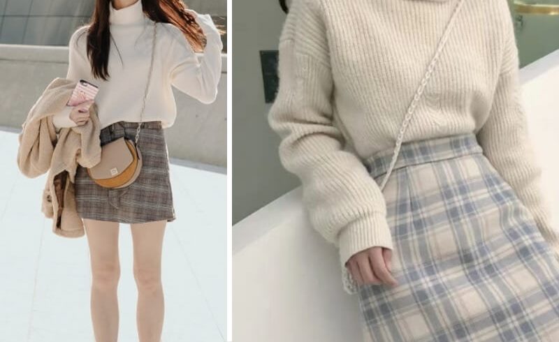 Áo len cổ lọ + Váy ngắn chữ A + Túi đeo chéo hình hộp