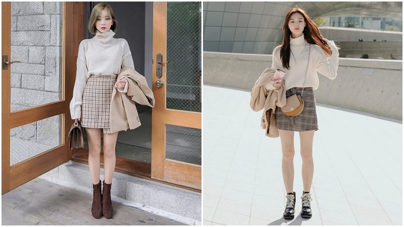 Áo len cổ lọ + Chân váy ngắn + Túi cốp