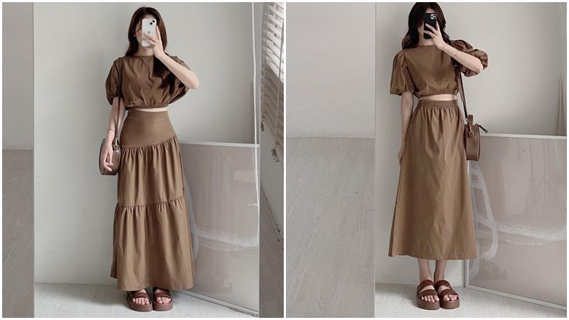 Chân váy midi + Áo croptop + Túi cốp