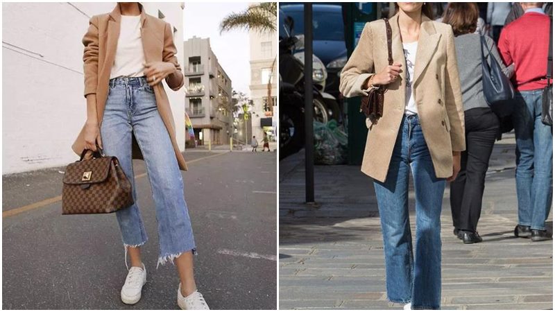 Áo khoác blazer + Quần jean + Túi cốp