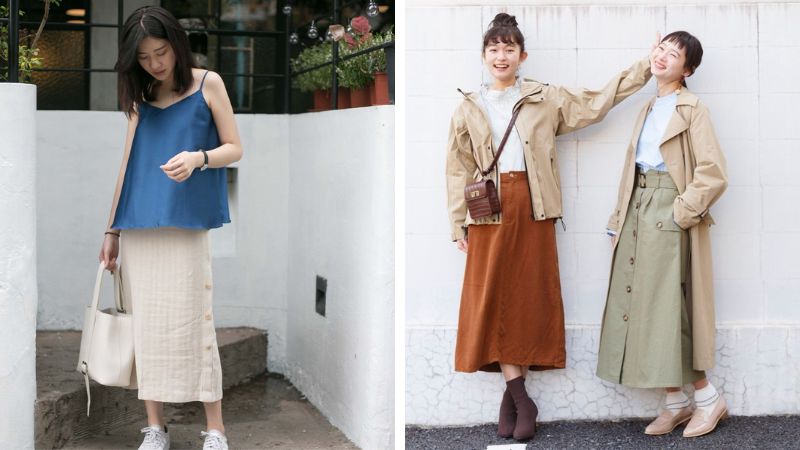 Phối túi da với váy midi và áo kiểu Phối túi da với váy midi và áo kiểu