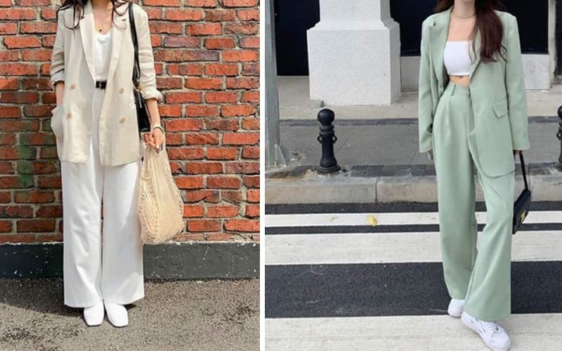 Túi da cùng với áo blazer và quần ống rộng Túi da cùng với áo blazer và quần ống rộng