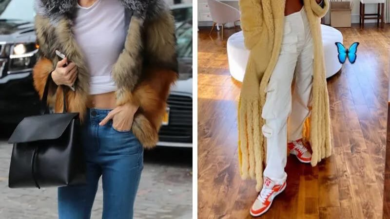 Phối túi da với áo khoác lông và quần jeans Phối túi da với áo khoác lông và quần jeans
