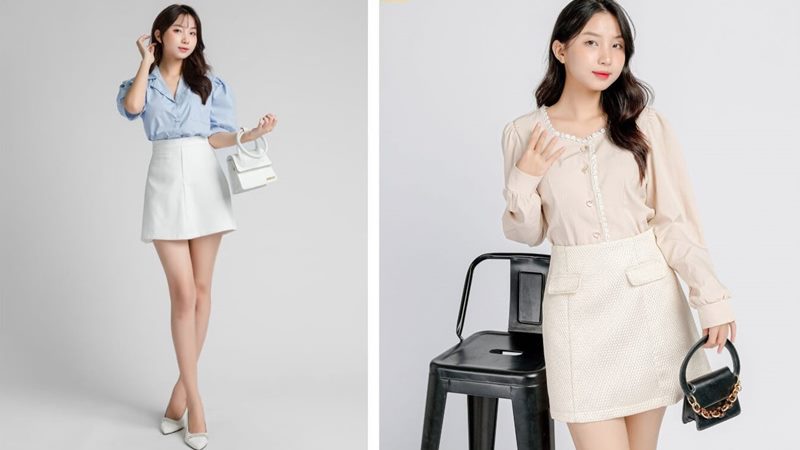 Túi da với áo sơ mi trắng và chân váy chữ A Túi da với áo sơ mi trắng và chân váy chữ A