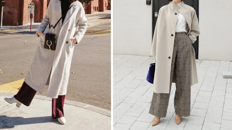 Phối túi da với áo khoác dài và quần culottes Phối túi da với áo khoác dài và quần culottes